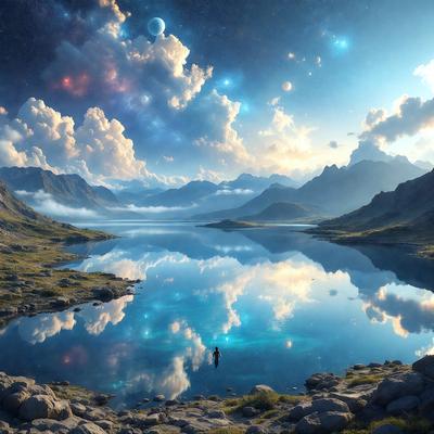 The primary subject of the image is a person standing on a rock near a body of water. The setting is a serene landscape with mountains in the background and a cloudy sky above. The visual style is a combination of photo and digital art, creating a realistic yet artistic representation of the scene. The colors and mood are predominantly blue and calm, reflecting the tranquility of the location.